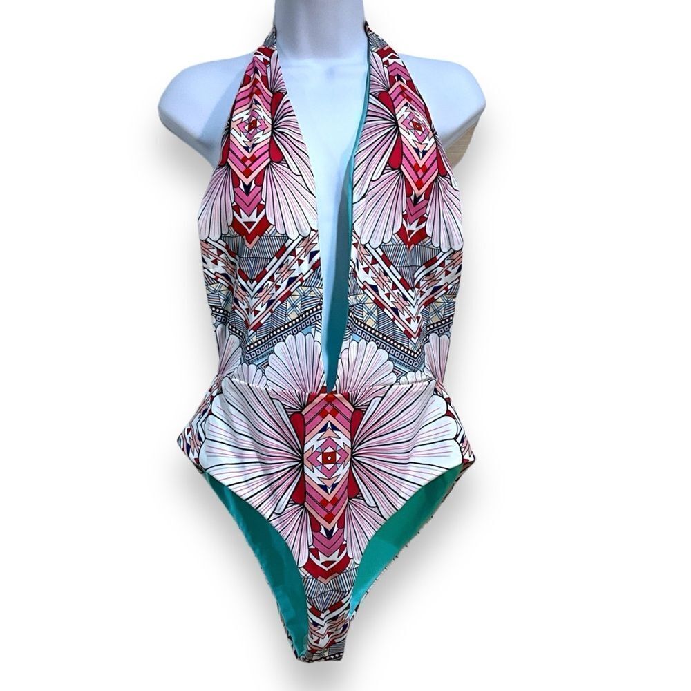 CUPSHE Plunge Neck Halter One Piece Petal in Peril Swimsuit